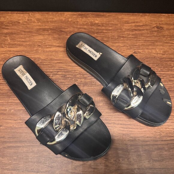 Steve Madden Black Chain Slide Sandals DIAO4541 Size 8M - Picture 2 of 4